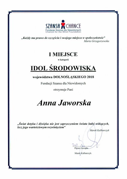 doplom dla Anni Jaworskiej - za zwycięstwo w głosowaniu w konkursie Idol 2018