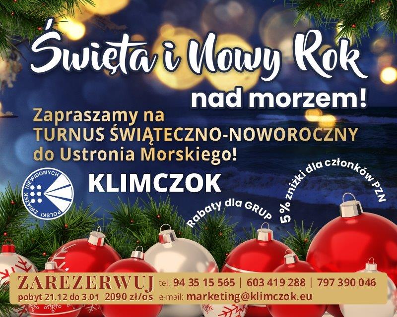 zaproszenie na turnus świąteczno-noworoczny do Klimoczoka na tle kartki świątecznej