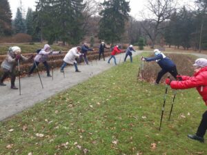 grupa osób ćwiczy z kijkami na łonie natury - zajęcia taneczno-ruchowe w Klubie Seniora