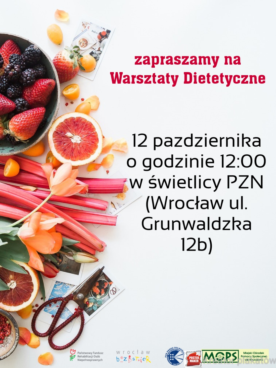 grafika z owocami i warzywami, zawiera treść ogłoszenia, oraz loga: PZN-u, PFRON-u, Wrocław bez barier, oraz MOPSu