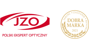 Logo JZO z dopiskiem Polski Ekspert Optyczne, po prawej okrągłe logo w kształcie monety z napisem Dobra Marka