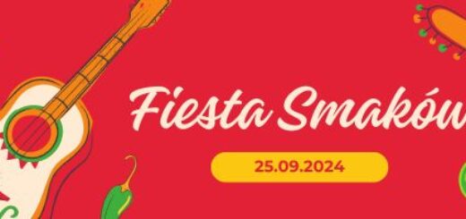 Na czerwonym tle biały napis fiesta smaków. W żółtym polu widoczna data 25.09.2024. Całość ozdobiona jest w rogach żółtym słoneczkiem, kolorową gitarą, przyozdobionym kapeluszem, , kubkiem, przekrojoną limonką