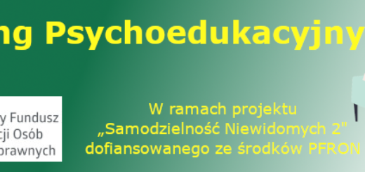 baner, napis trening psychoedukacyjny, informacja, że projekt jest dofinansowany ze środków PFRON w ramach projektu samodzielność niewidomych 2, w lewym dolnym rogu umieszczone jest logo PFRON, po prawej stronie grafika przedstawiająca osoby rozmawiające