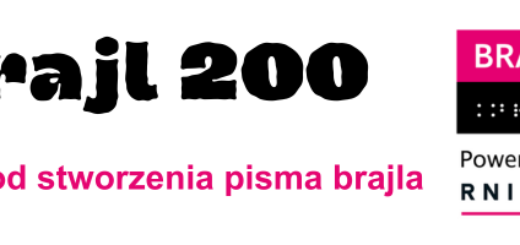 "Brajl 200" jest napisane dużymi, czarnymi literami na białym tle. Pod spodem znajduje się tekst "200 lat od stworzenia pisma brajla" w kolorze różowym. Po prawej stronie jest prostokąt z różowym tłem, na którym widnieje napis "BRAJL 200" oraz symbole w alfabecie Braille'a. Pod prostokątem znajduje się tekst "Powered by RNIB" oraz logo EBU.