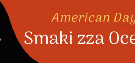 Obrazek przedstawia grafikę promocyjną z napisem "American Day Smaki zza Oceanu". W lewym dolnym rogu znajduje się okrągła pieczęć z napisem "BEST SELLER". Tło jest podzielone na dwie części: lewa strona jest czarna, a prawa strona ma kolor pomarańczowy. Napis "American Day" jest w kolorze żółtym, a "Smaki zza Oceanu" w kolorze białym.