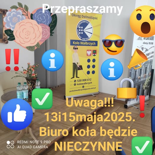 kolorowa grafika z tekstem: Uwaga 13 i 15 maja 2025 biuro nieczynne