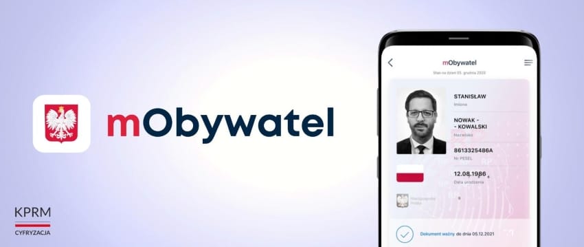 baner przedstawia logo aplikacji mObywatel, z prawej strony zdjęcie z widokiem aplikacji mObywatel