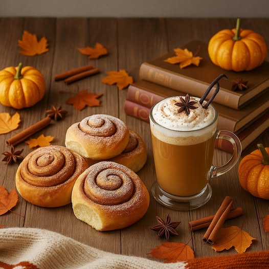 Złociste bułeczki z cynamonem i filiżanka napoju z przyprawami stoją na stole w jesiennej scenerii z dyniami i liśćmi.