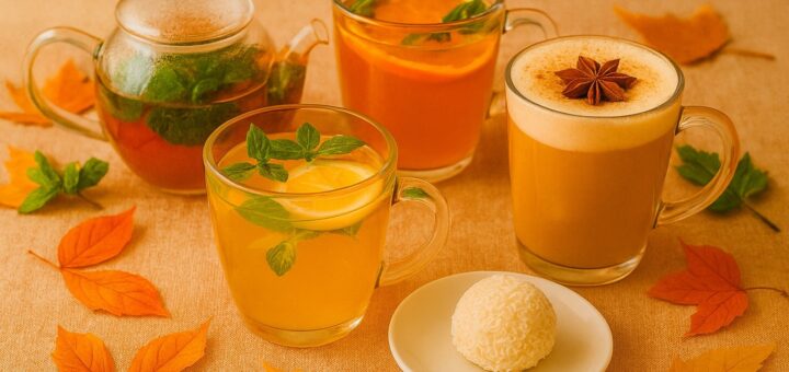 Na stole przykrytym lnianym obrusem stoi jesienny zestaw rozgrzewających napojów: herbata z pomarańczą i miętą, napój cytrynowy z ziołami, aromatyczna latte z przyprawami i słodka kula kokosowa na deser.
