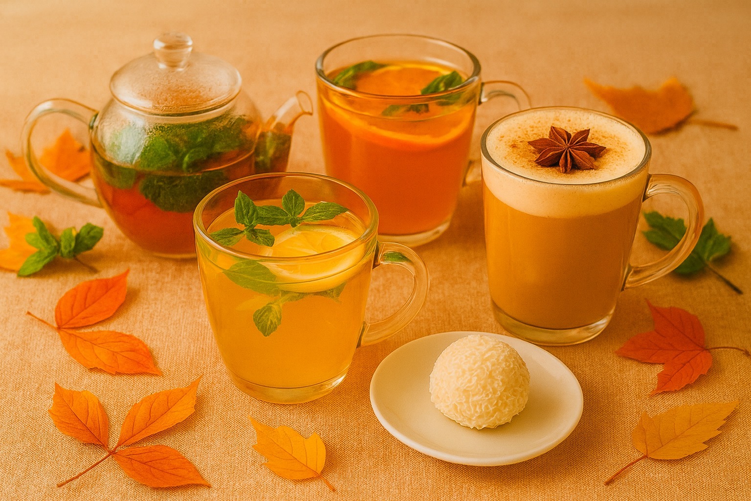 Na stole przykrytym lnianym obrusem stoi jesienny zestaw rozgrzewających napojów: herbata z pomarańczą i miętą, napój cytrynowy z ziołami, aromatyczna latte z przyprawami i słodka kula kokosowa na deser.