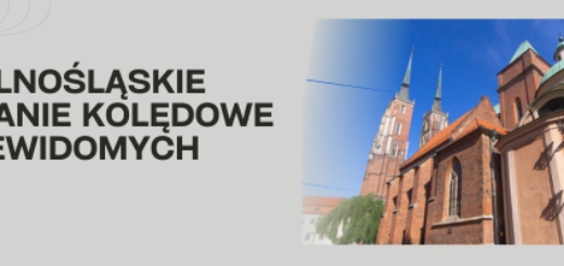 baner z zawiera z lewej strony napis: dolnośląskie spotkanie kolędowe niwidomych, po prawej zdjęcie katedry. Całość na beżowym tel