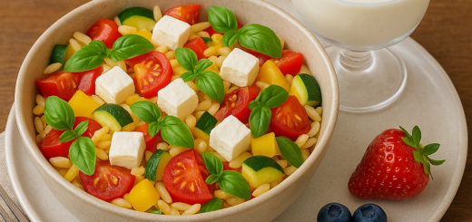 Miseczka sałatki makaronowej z warzywami i serem na talerzu. W miseczce widać drobny makaron (podłużne ziarenka), połówki pomidorków koktajlowych, kawałki zielonej cukinii, żółtą paprykę, listki świeżej bazylii oraz kostki białego sera (wygląd jak feta). Obok stoi szklany pucharek z białym jogurtem lub deserem mlecznym, na wierzchu z malinami, borówkami i listkiem mięty. Na talerzu leży też truskawka, trzy borówki oraz mała gałązka natki. Z lewej strony na serwetce widać widelec i nóż.