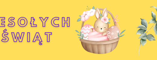 baner na żółtym tle, znajduje się duży napis wesołych świąt, oraz zając w koszyku i zielona gałązka