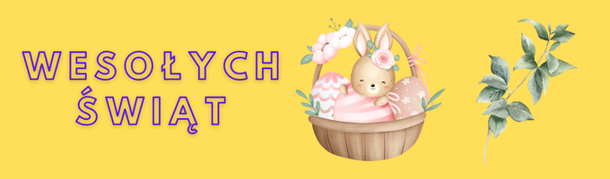 baner na żółtym tle, znajduje się duży napis wesołych świąt, oraz zając w koszyku i zielona gałązka